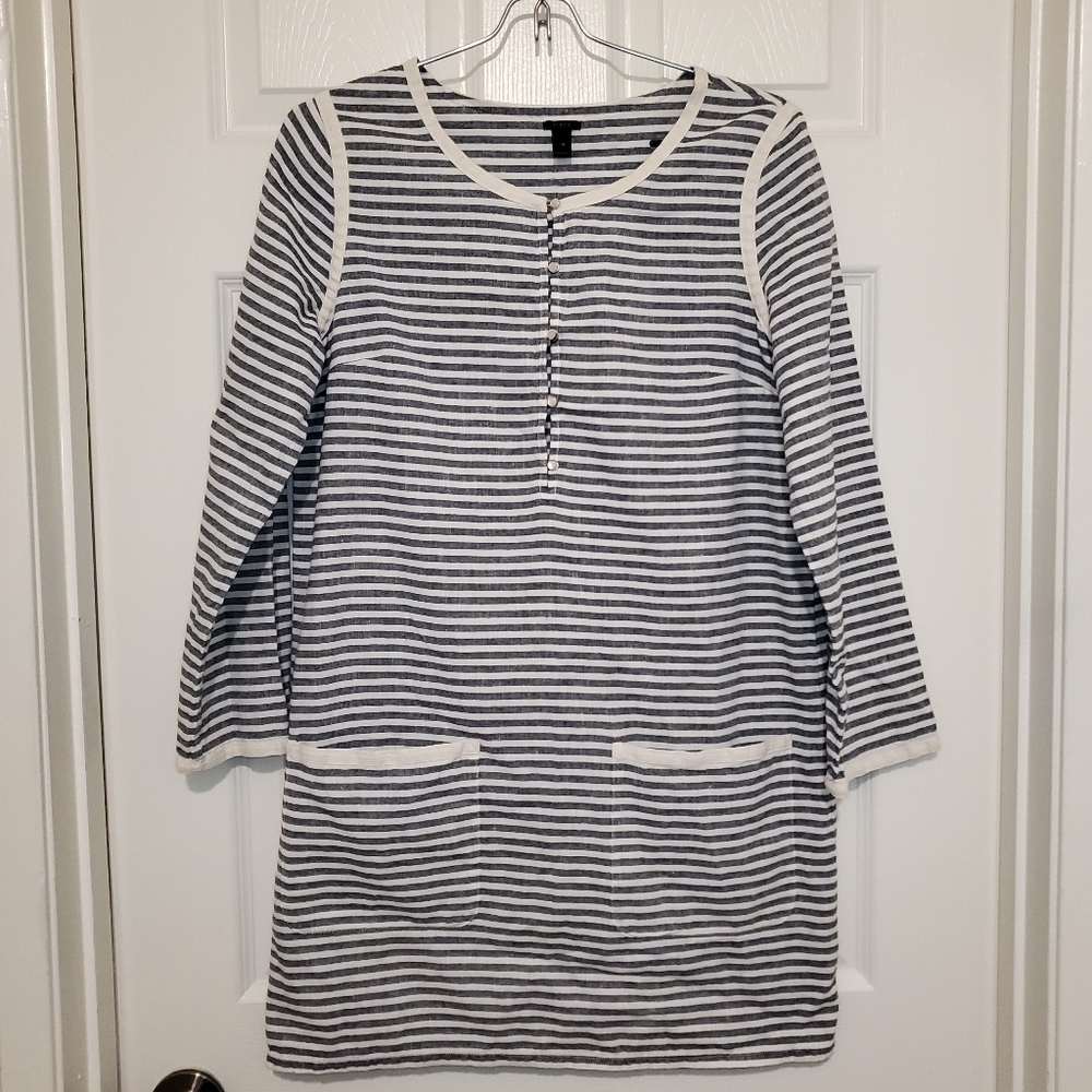 J. Crew Womens Sz XS Long Sleeve Tunic Blouse Linen Blend Striped Black White